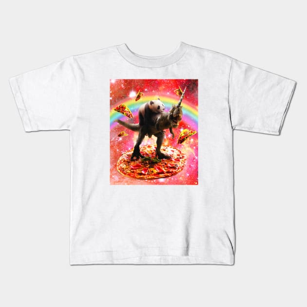 Panda Riding Unicorn Dinosaur on Pizza Kids T-Shirt by Random Galaxy